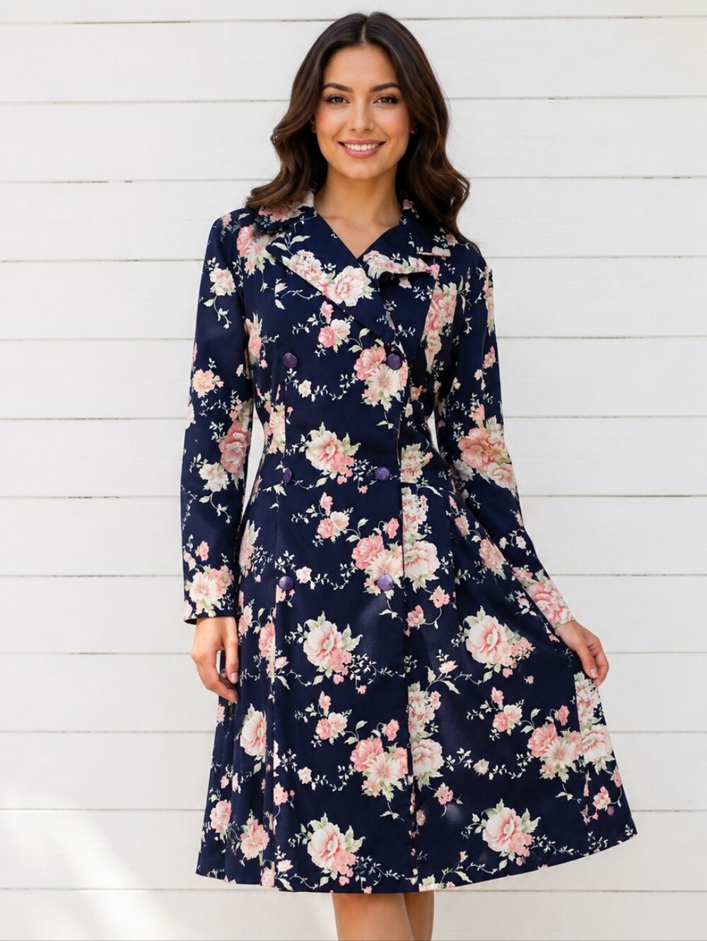 Navy Floral Button-Front Fit & Flare Dress